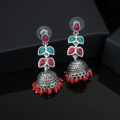 Estele Rhodium Plated Oxidised Gorgeous Jhumka Earrings with Red & Green Enamel for Women