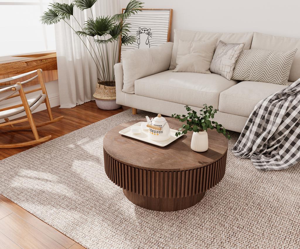 Tavolino Rotondo da Caffè con Contenitore 75cm Legno Massello Impiallacciato Tavolino Moderno Tavolino d'Accento per Soggiorno, Camera da Letto, Appartamento o Ufficio, Noce