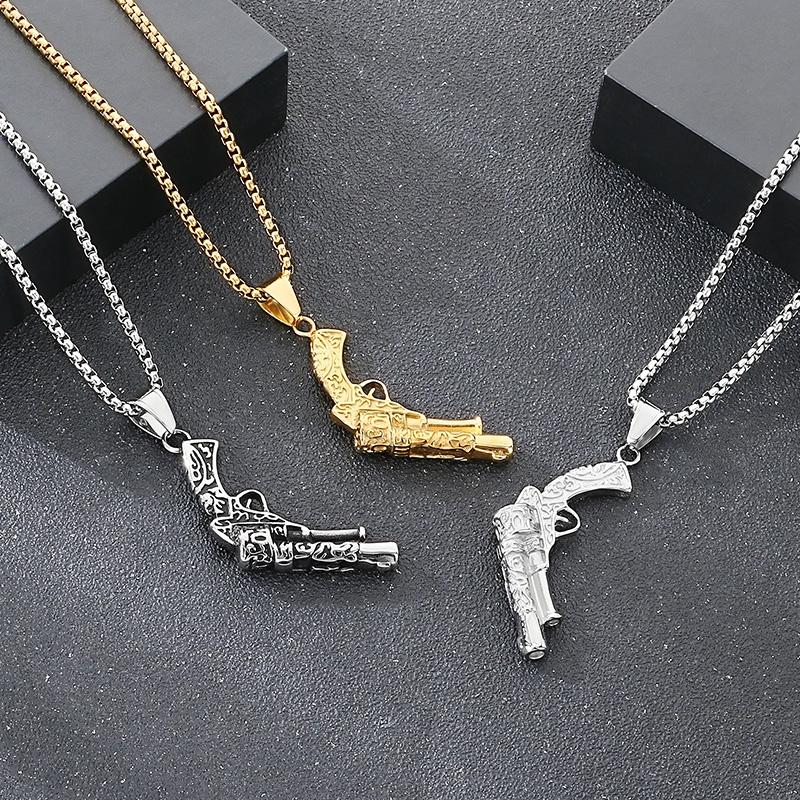Larger Stainless Steel Gun Charm Pendant Necklace For Men Hip Hop Gold Color Party Jewelry Chunky Rock Boy Gift
