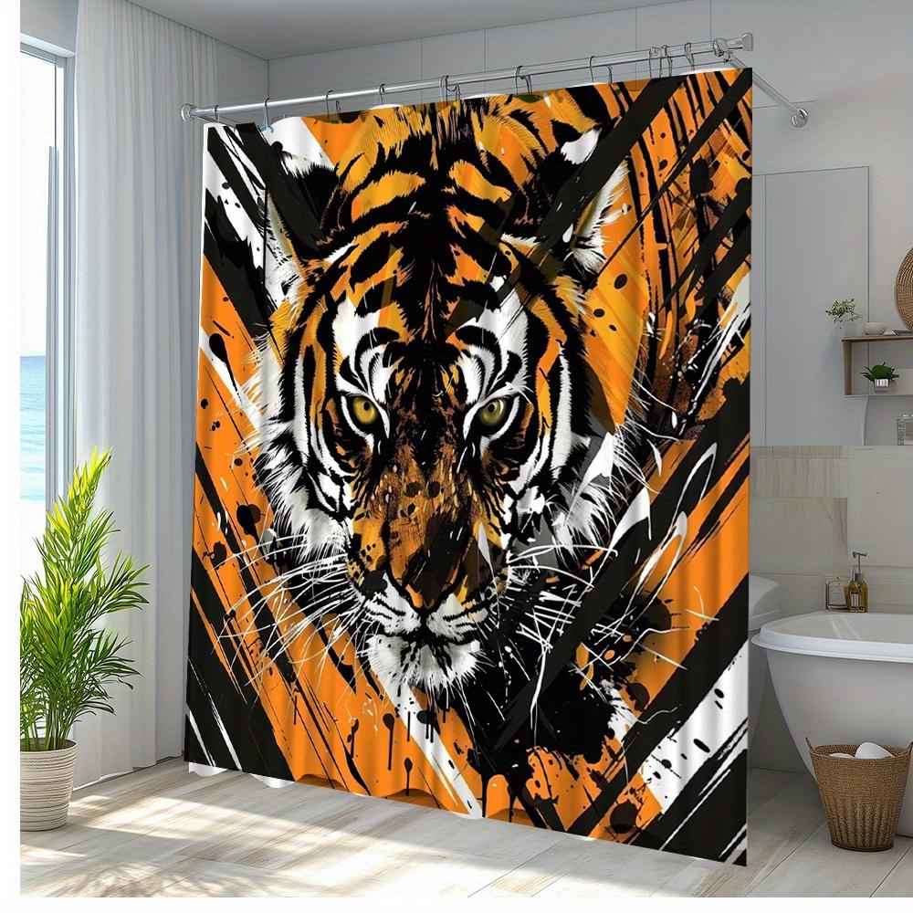 1pc Tiger Art Shower Curtain - Bold Striped Design, Vibrant Orange & Black Polyester Fabric, 70. 8x70. 8 Inches with 12 Hooks,