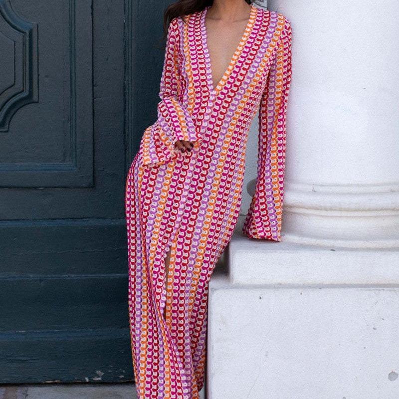 Women's V‑Neck Hollow Out Crochet Long Sleeve Maxi Dress Beach Cover‑Up Vacation Outfit