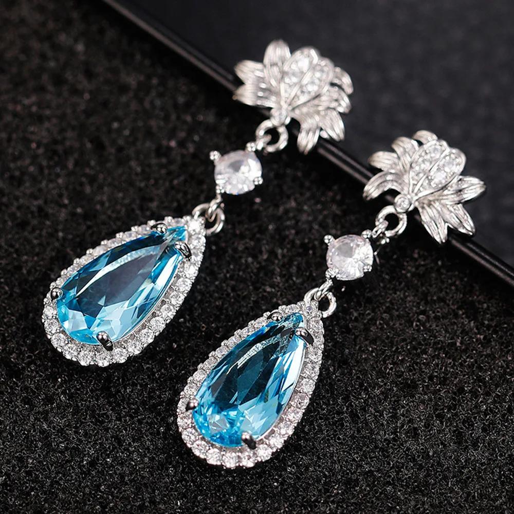 Sweet And Luxurious Jewelry, European And American Sparkling Personality, Bride'S Wedding, Blue Zircon Earrings