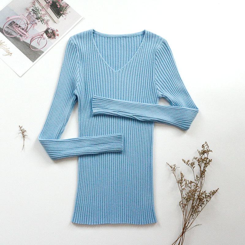 Women's Autumn Sweaters V-neck Slim Fit Pullover Long Sleeve Base Knitted Sweater Woman Winter Fashion Solid Bottoming Warm Knitwear Jumpers 24967