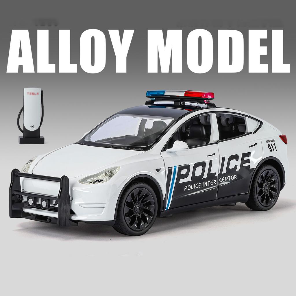 1/24 Tesla Model Y SUV Alloy Police New Energy Car Model Diecast Metal Vehicles Car Model Simulation Sound and Light Children Toy Gift
