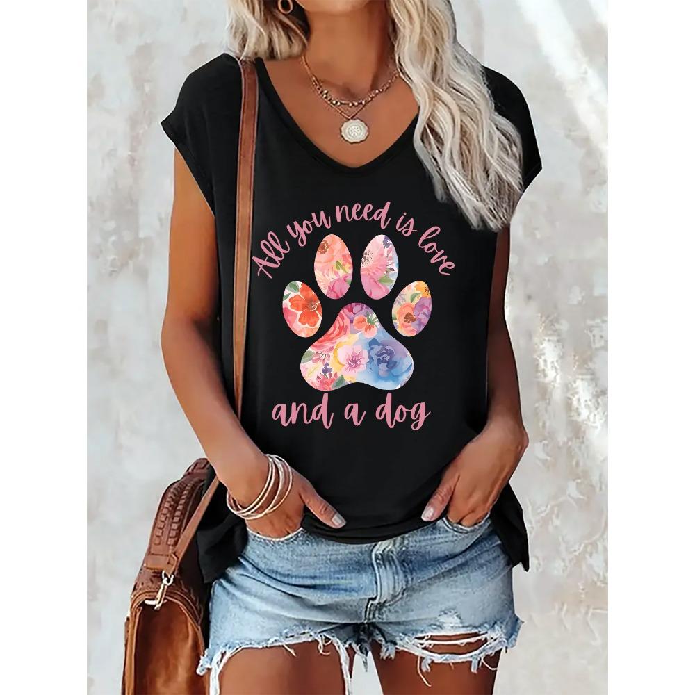 V-neck summer sleeveless vest with floral paw print letter print S