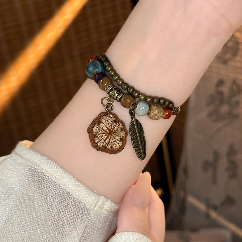 Bohemian Nature Charm Bracelet Set, Handmade Ceramic Bead & Wood Pendant Adjustable Bracelets