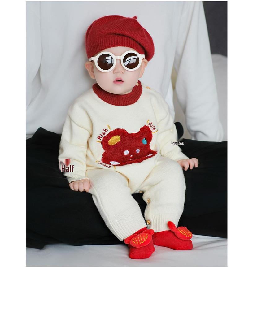 Slavnostní červená novorozenecká kombinéza - Podzimní/zimní svetrový overal