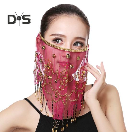 Performance Veil Flower Sequins Beads Decor Lace Belly Dance Tribal Face Veil Adjustable Strap Indian Dance Veil Halloween Costume Accessory