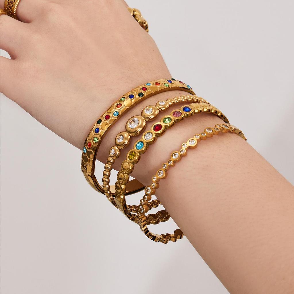 18k Gold-Plated Geometric Zirconia Enamel Bracelet Set