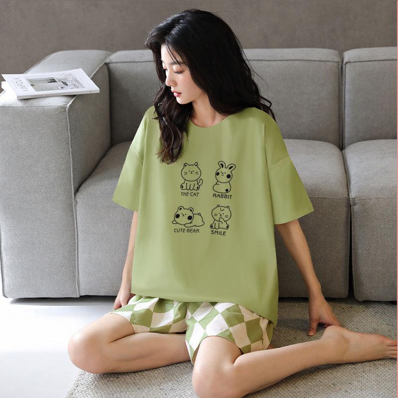 Summer comfortable crew neck pajamas for women, striped cartoon short-sleeve three-piece loungewear, in stock, direct order