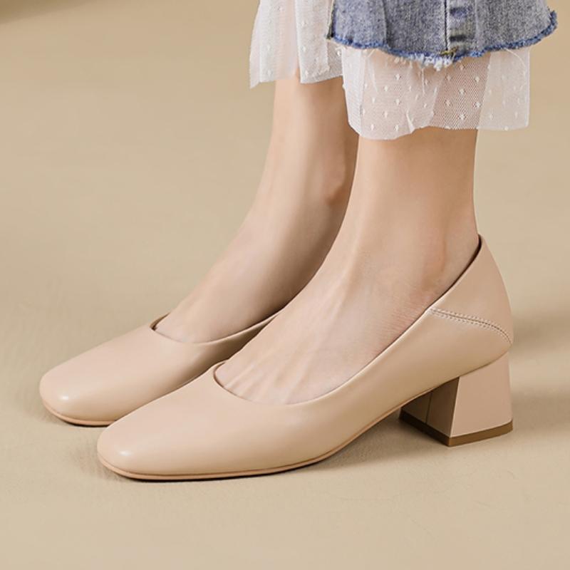 Women's Medium Heels Loafers Shoes 2025 New Fashion Elegant Nude Short Heeled Party Wedding Shoes Female Dress Pumps Large Size