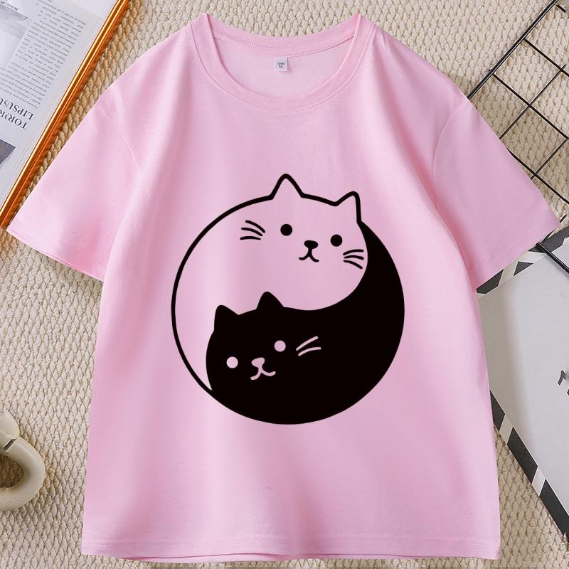 Yin Yang Cat TShirt Funny Cute Kawaii Kittens Tee Cotton Short Sleeve Summer Round Neck Tshirt Streetwear Basic Tees