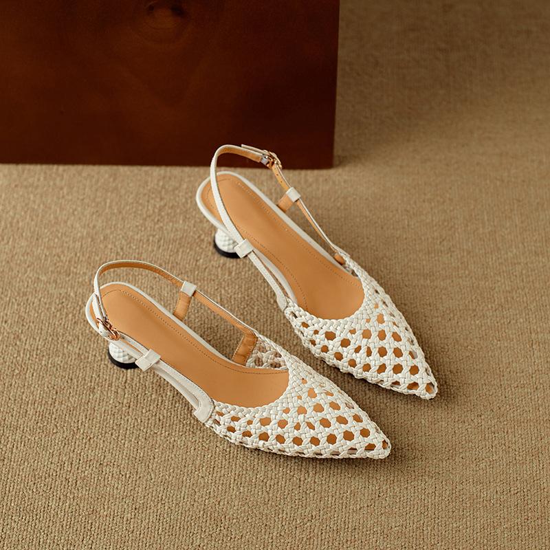 

2025 summer new bag head sandals women s pointed high heels hollow woven one-word belt beige shoes 40