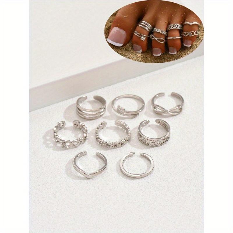 8 Pcs Fashion Style Ladies Stainless Steel Multi-Layer Flower Heart Shaped Foot Ring Suitable for Parties