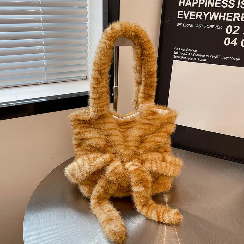 Милая плюшевая сумка-мессенджер с бантом, женская новая осенняя сумка-тоут, мягкая, милая, пушистая, большая вместимость, сумка через плечо