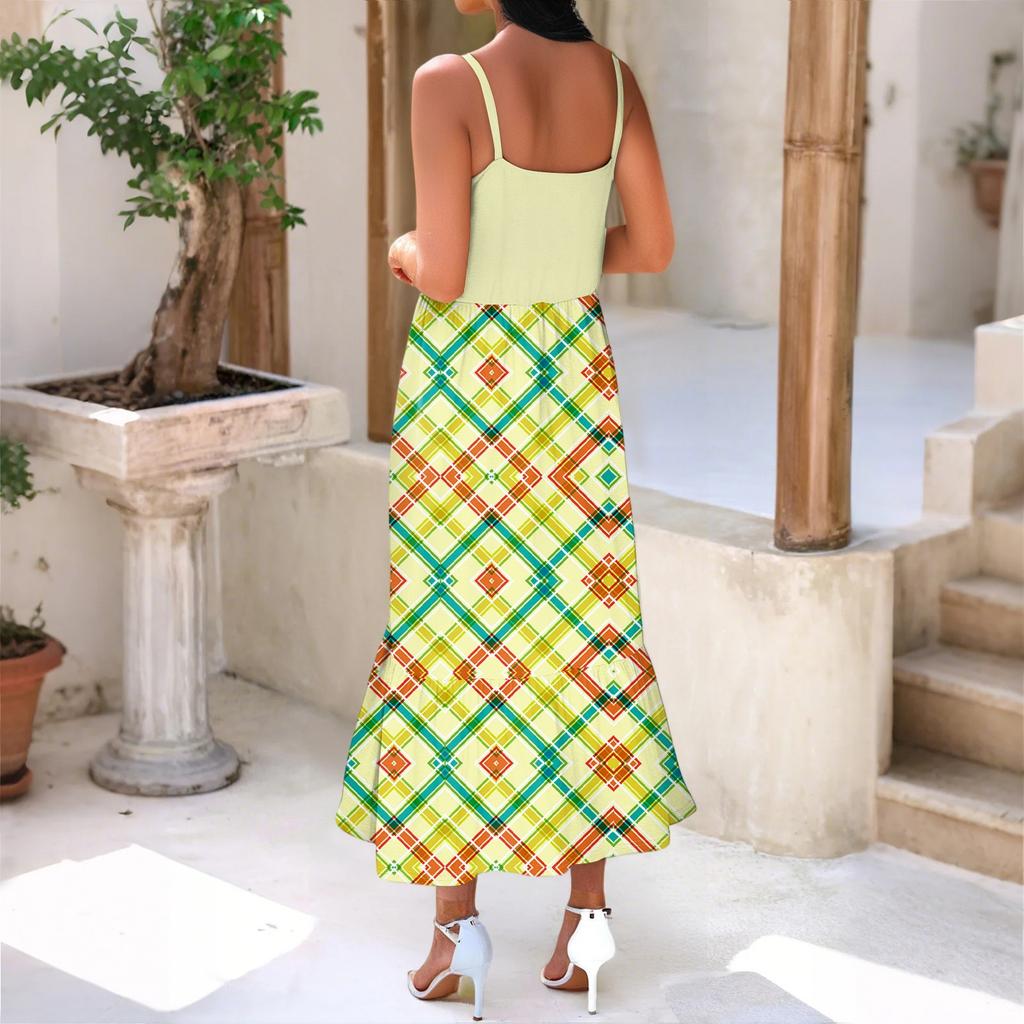 Women's Long Beach Casual Elegant Spaghetti Strap Maxi Dress Plaid Print Low-key Flowing Bohemian Dress