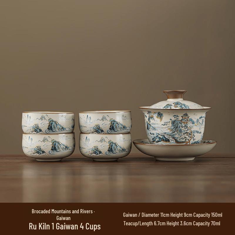 Splendid Mountains and Rivers Ru Kiln Gaiwan Tea Set