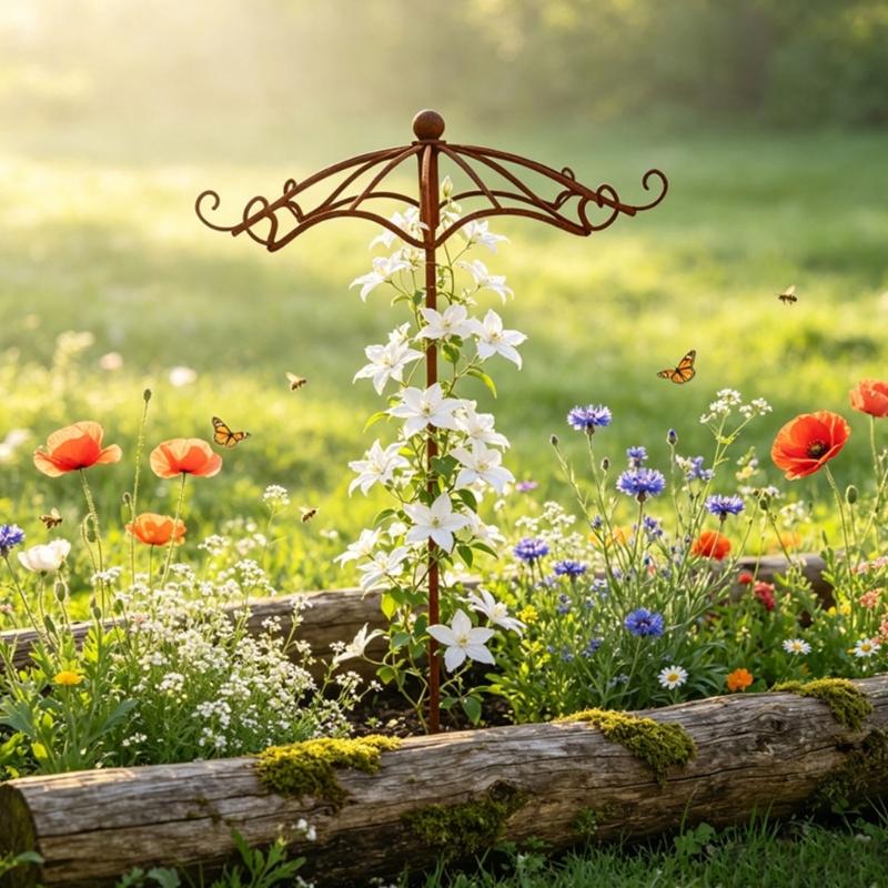 Umbrella Top Climbing Support Trellised for Potted Foliage, Metal Stake with Brown Finish for Balcony Displays, Outdoor Rows, and Small Outdoor