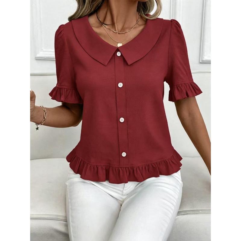 Lady's Front-buttoned Petal Short-sleeved Summer Fashion Pullover Casual Everyday Versatile Top