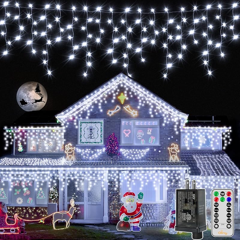 Ollny Icicle Lights for Outside 720LED 60FT, Cool White Christmas Lights with Remote 8 Modes Dimmable, Waterproof Connectable Timer Hanging Lights 594 LED