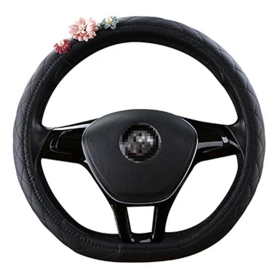 DERMAY Black Car Steering Wheel Cover with Cute Flower for Women Girls Size M Fit 14-15" Steering Wheel 95% Cars O and D Shape