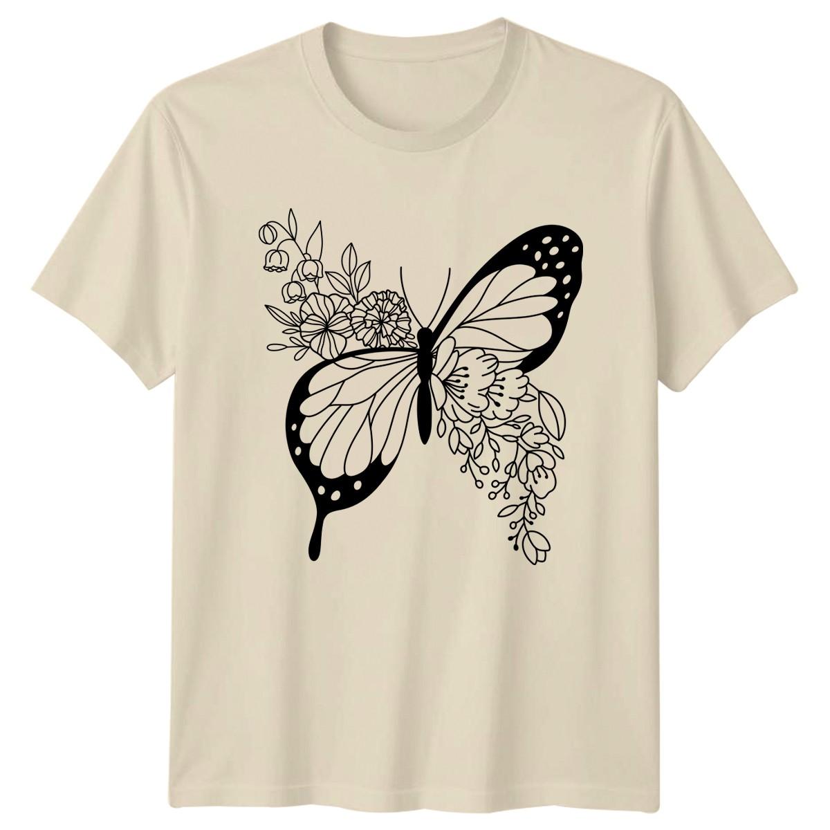 Floral Butterfly Design T-Shirt Botanical Art Birthday Gift For Him And Her L