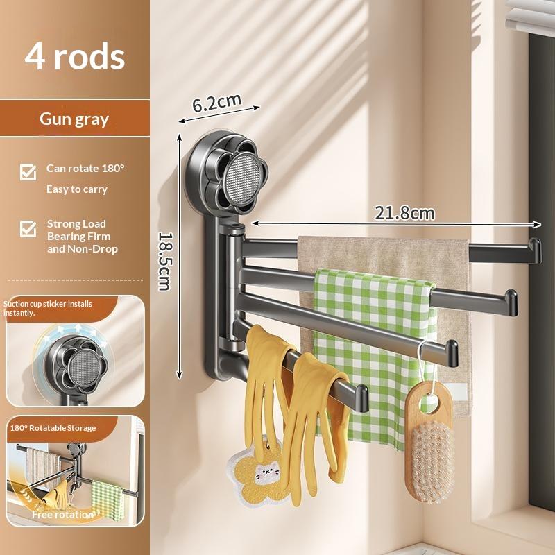 Multi-Bar Folding Rotatable Towel Rack With Suction Cup Punch-Free Wall Hanging Towel Holder For Kitchen Bathroom