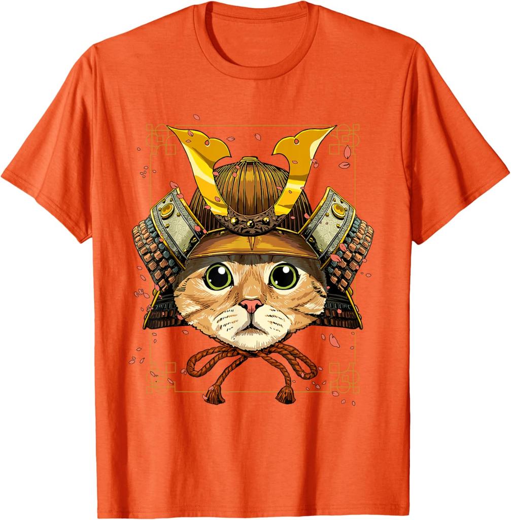 Samurai Cat Warrior Japanese Ronin Graphic Tee Breathable Casual Cotton T-Shirt for Men