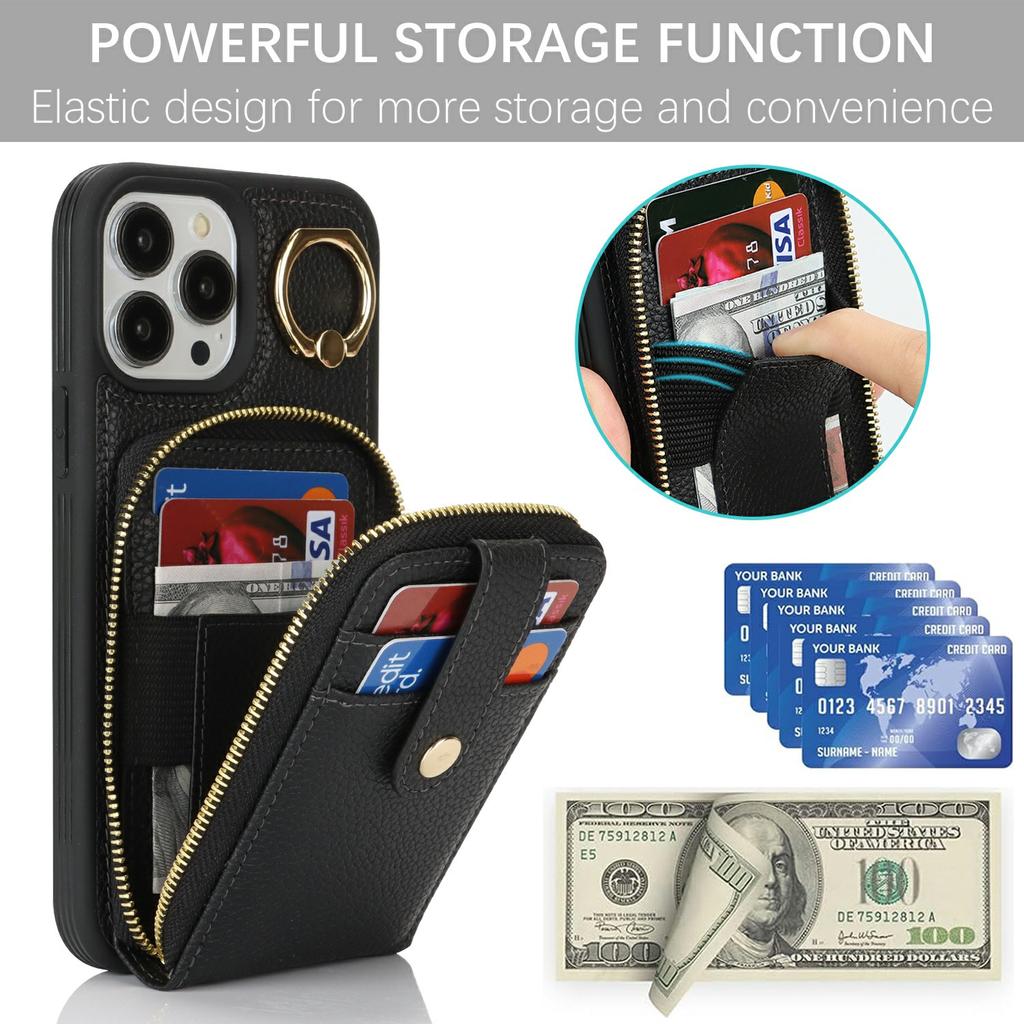 For iPhone 14 Pro Max Case with Zipper Pouch/Ring Kickstand/Strap Litchi Texture PU + TPU Phone Cover