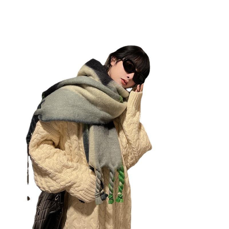 South Korean Ins2024 New Winter Geometric Color Gradient Mohair Fringe Scarf Women'S Shawl Two Use Scarf