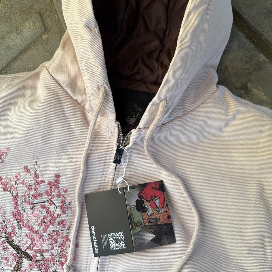 Derschutze Men's Trendy Winter 2025 Cherry Blossom Embroidered Hooded Cotton Jacket