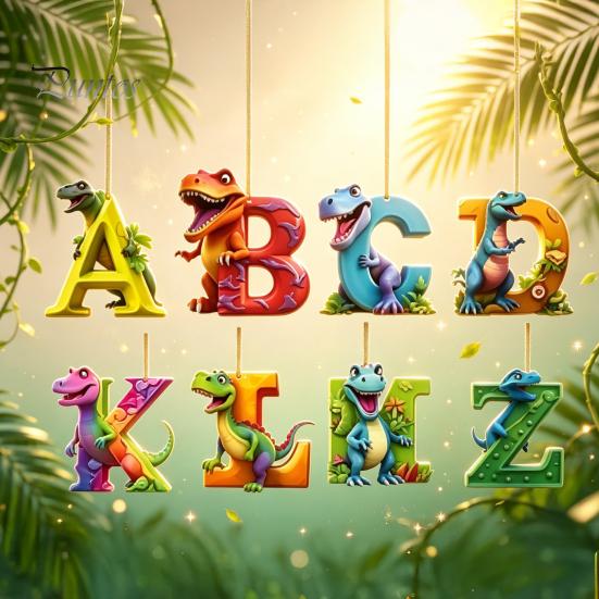 Englischer Aufklärungs Lernwerkzeug 26 Buchstaben Cartoon Dinosaurier Adventskalender, 2D Acryl Dino Figuren Nicht Wiederholende Buchstaben Ornamente Weihnachten