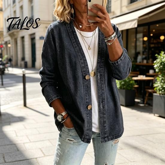 Talos Women's Button Front Faux Denim Jacket, V Neck Long Sleeve Casual Coat, Vintage Loose Fit Imitation Jeans Cardigan
