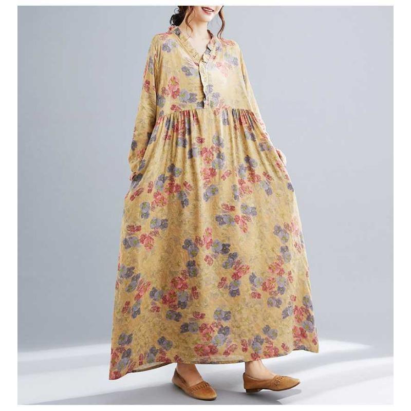Season's New Vintage Print Loose Hem Long Dress
