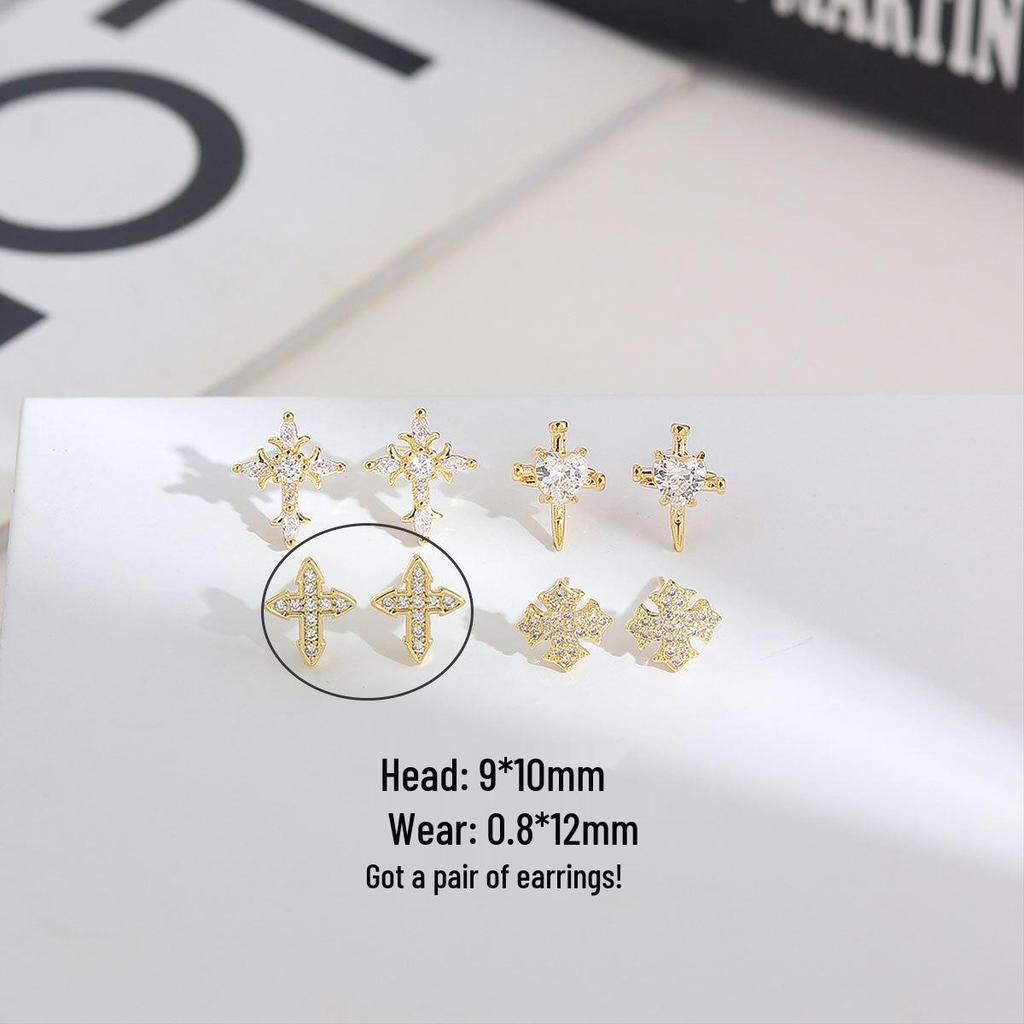 Gold-Plated 925 Silver Iris Flower Cross Stud Earrings with Zirconia Heart Ornaments