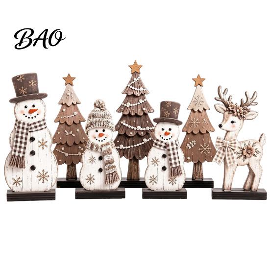 Decorative Items for Windowsills 7Pcs Christmas Snowman Tree Reindeer Figurines, 2D Wooden Tiered Tray Holiday Wood Ornaments Decor, Rustic Farmhouse