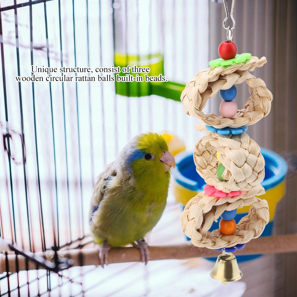 Pet Bird Toy Parrot Interactive Chew Wooden Circular Pattan Balls Hanging Cage Toys