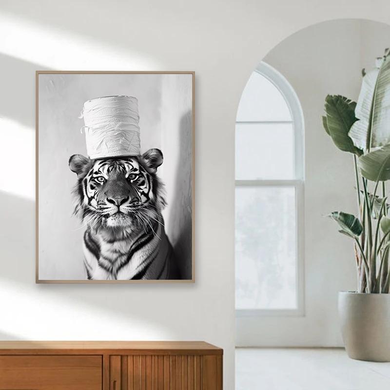 Fun Bathroom Black White Animal Raccoon Tiger Rhino Toilet Paper On Head Posters Printing Wall Painting Bathroom Home Decoration