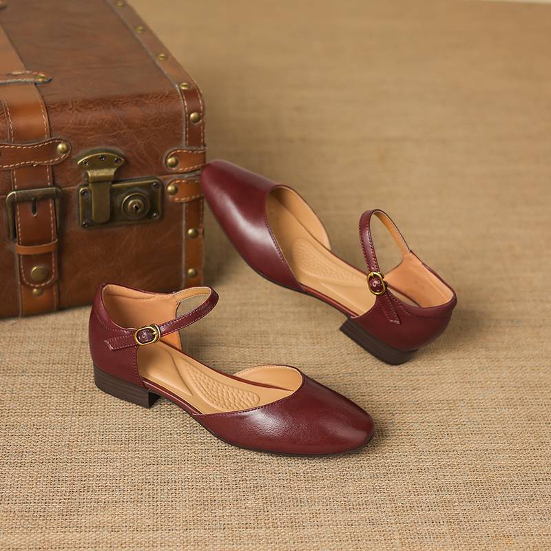 Krazing Pot Cow Skin Round Toe Low Heels Summer Shoes Big Size 42 Ankle Straps Women Pumps