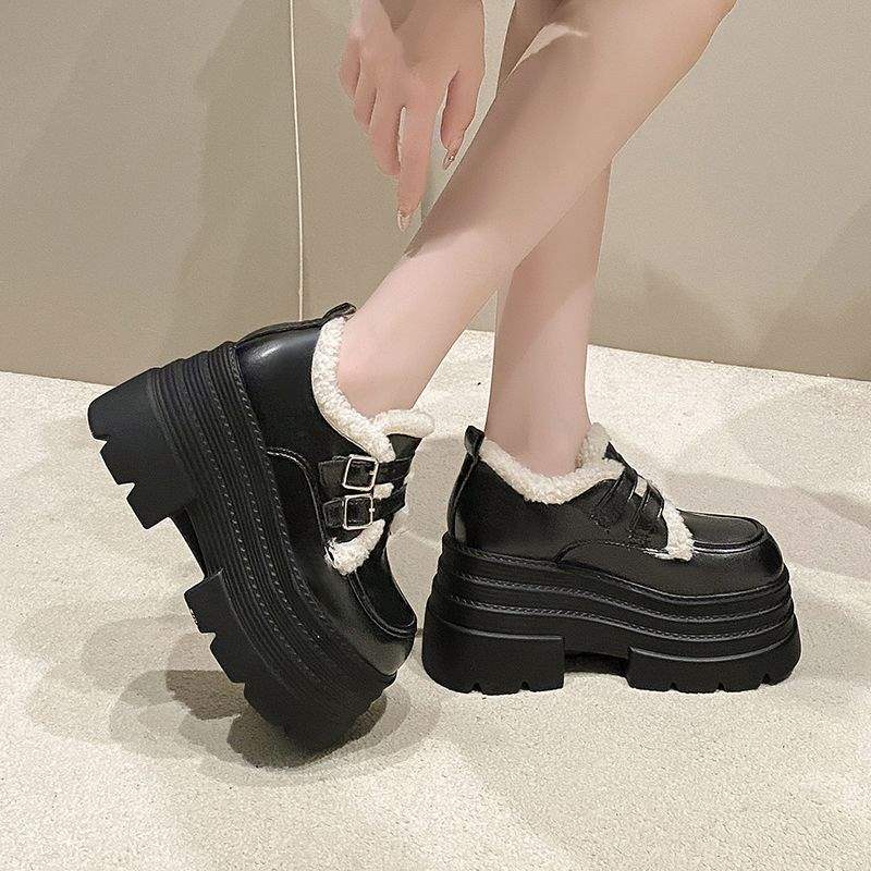 Heel Small Leather Shoes Women's Velvet 2025 New Autumn and Winter Outer Wear Shoes Fluffy Cotton Shoes British Platform Loafers