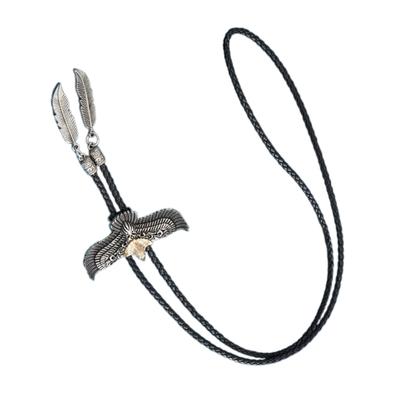 Mens Women Bolo Tie Cowboy Necktie Leather Rope Necklace with Metal Flying Eagle Feathered Pendant Jewelry Shirt Chain