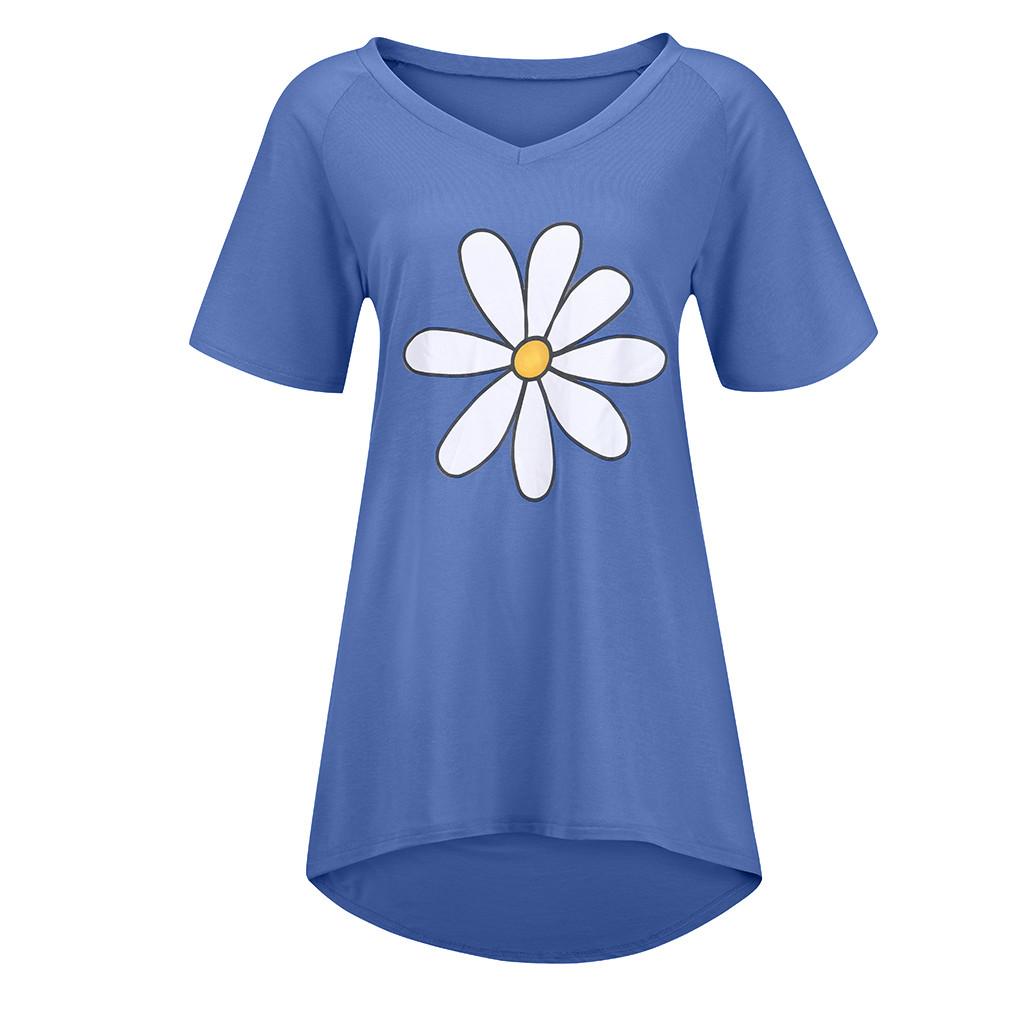 Women Summer Tops V-neck Floral Print Short Sleeve T-Shirts Graphic Blouse