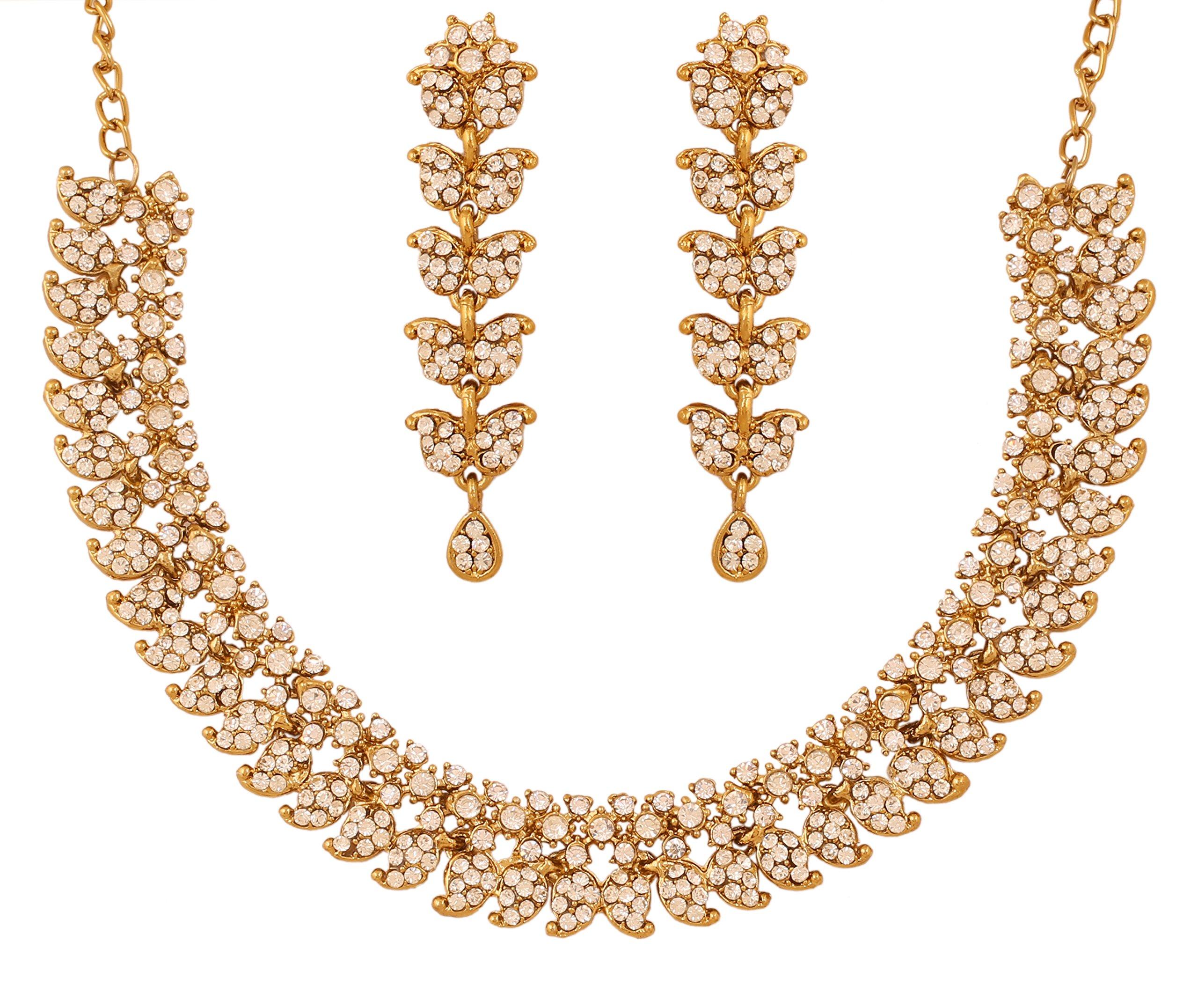 

Touchstone Indian Bollywood Paisley Motif Rhinestone Wedding Jewelry Necklace Set in Antique Gold Tone