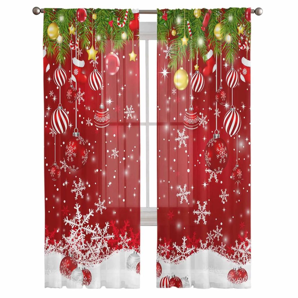 Christmas Balls Snowflakes Pine Branches Sheer Curtains for Living Room Decoration Window Curtains Kitchen Tulle Voile Curtains
