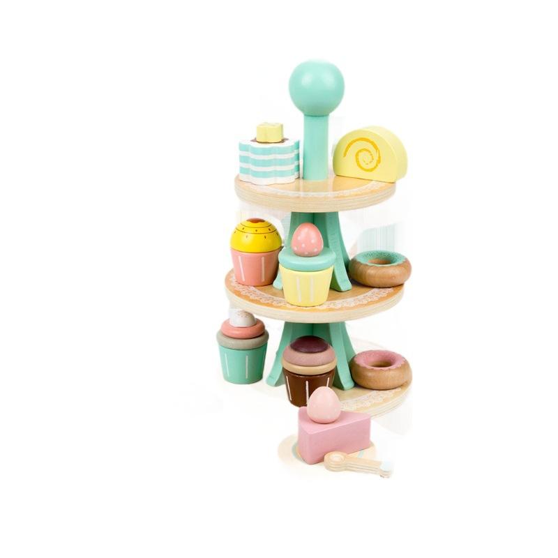 

Wooden Pretend Play Toys 3 Layers Dessert Cake Tower Simulation Cutting Afternoon Tea Set Children Kitchen Food Play Toy Set