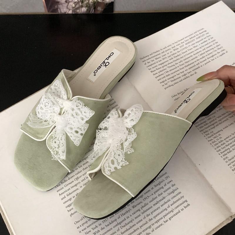 Fashion Vintage Lace Bow Decoration Brand Flat Slippers Women Fashion Square Toe Polka Dot Soft-soled Shoes Summer Comfort Beach Sandals