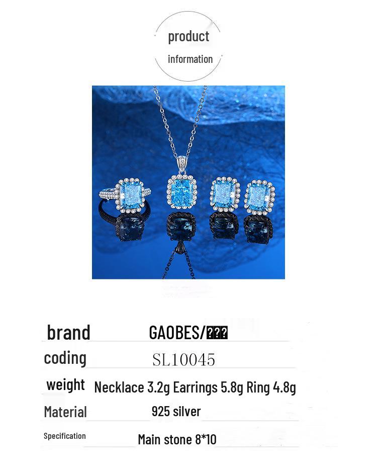 Women's Light Luxury Set: 925 Sterling Silver Aquamarine Necklace, Earrings, and Ring with High Carbon Diamond Accents.