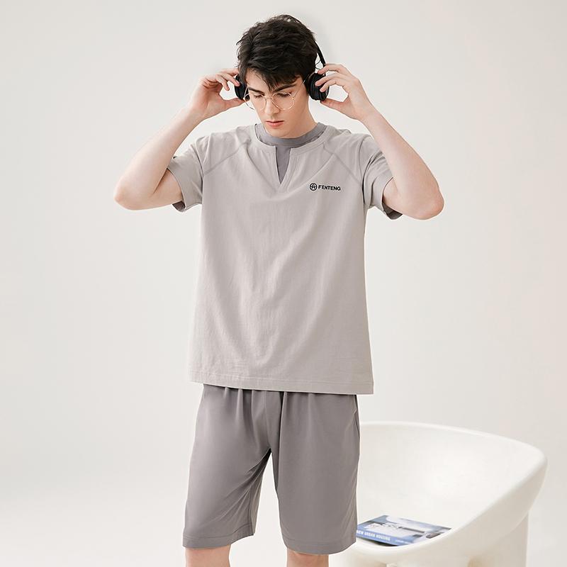 Fenteng [100% cotton] summer contrasting round neck new short sleeved thin home suit set men's pajamas