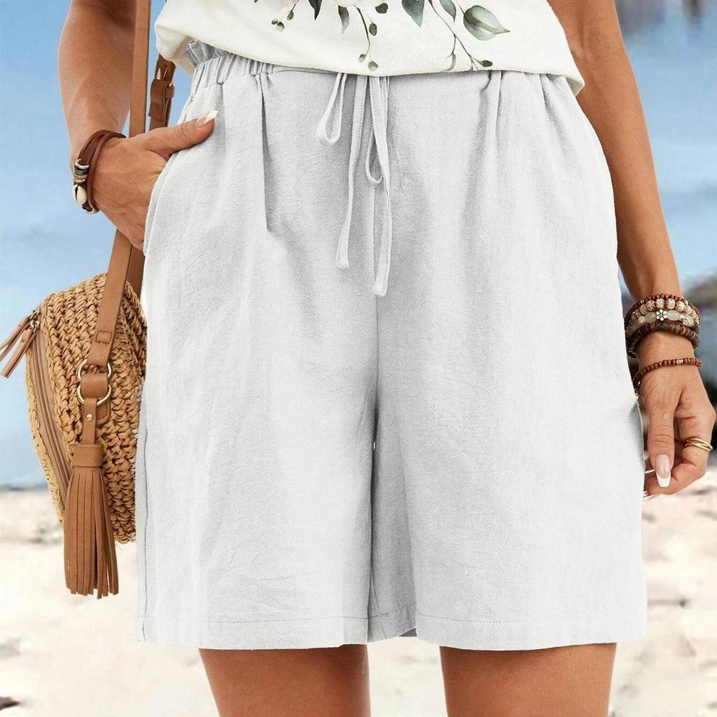 Women's Spring and Summer Linen Solid Color Shorts Casual Sports Women's Shorts Three-quarter Pants with Drawstring Shorts
