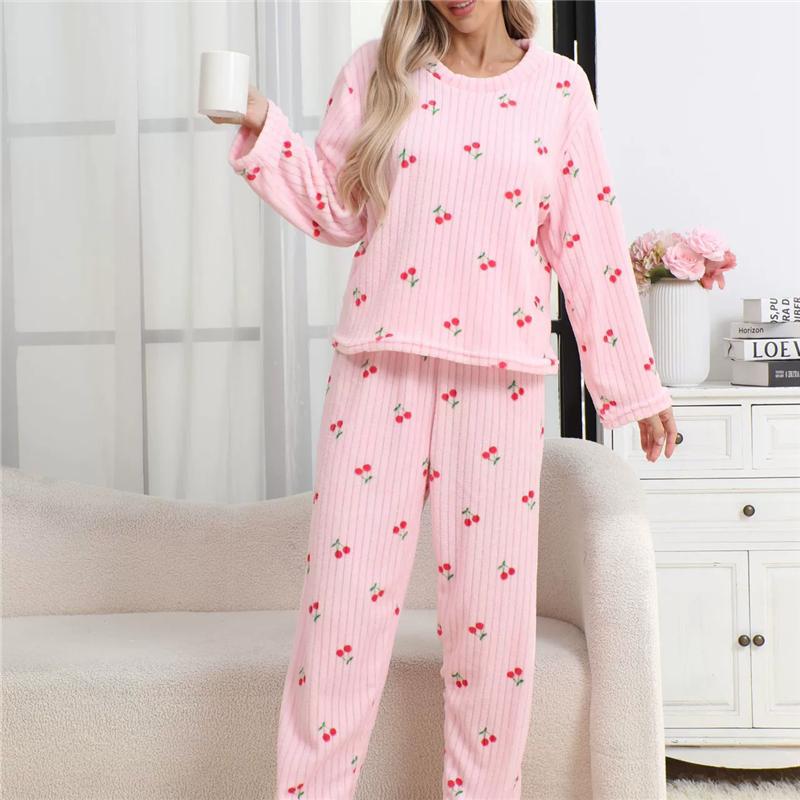 Herbst Winter Warmes 2-teiliges Pyjama-Set für Damen Hauskleidung Flanell Langarm Oberteile und Hosen Hauskleidung Loungewear